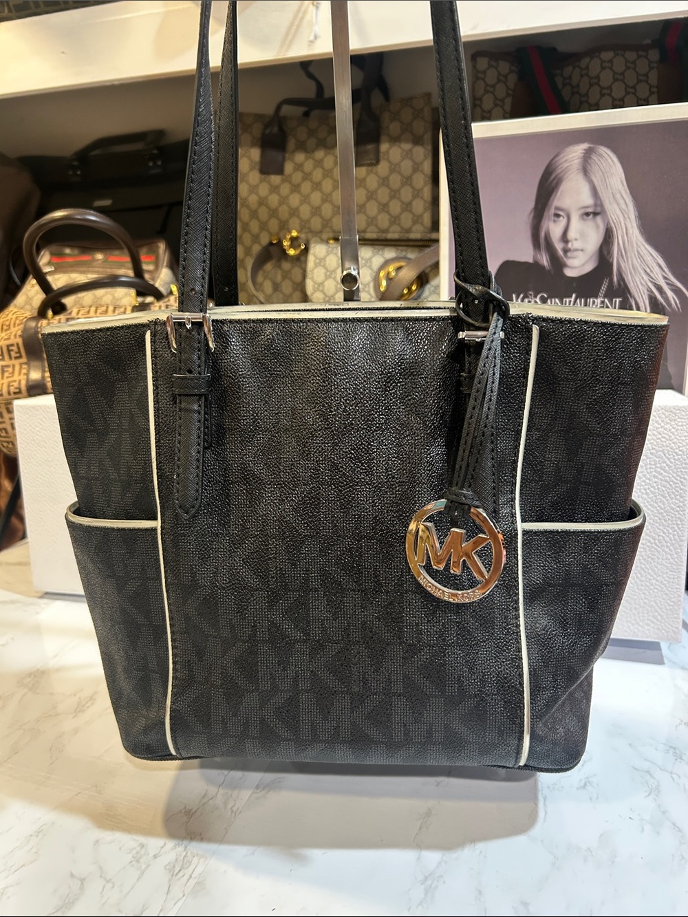 Michael Kors Black Tote with Cream Trim and MK Charm